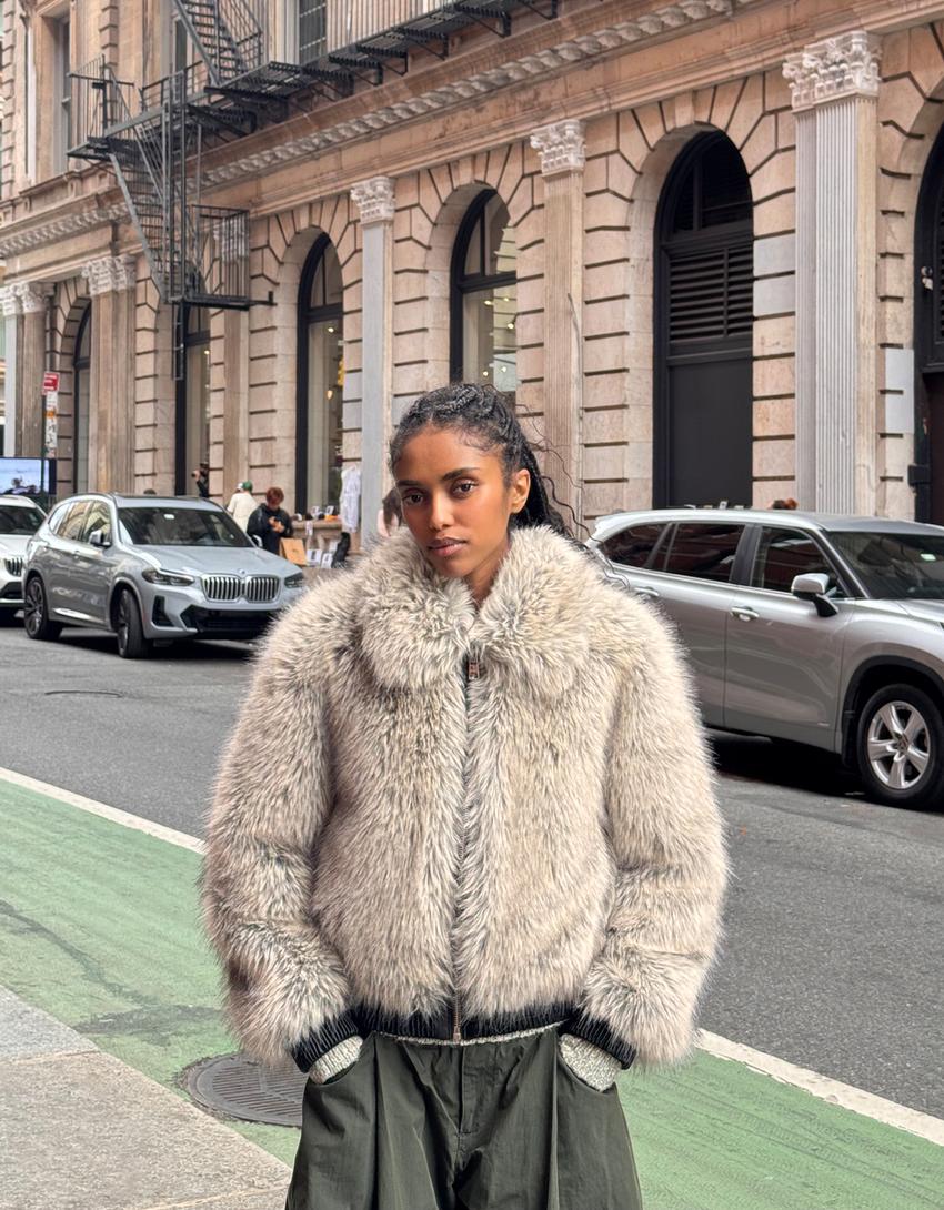 Blouson zippé fausse fourrure-Gris