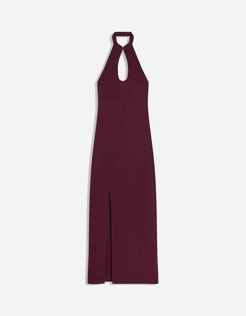 Halter yaka midi elbise-Mor