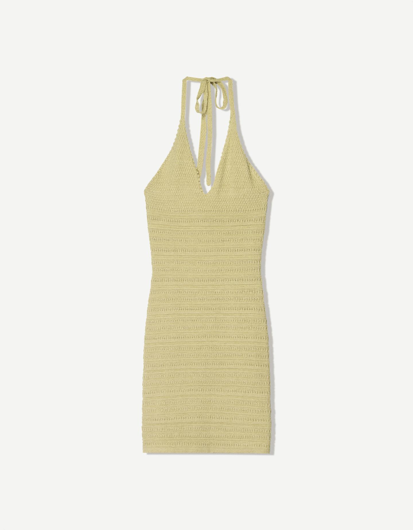 Bershka Vestido Mini Rústico Crochet Mujer Xs Kaki