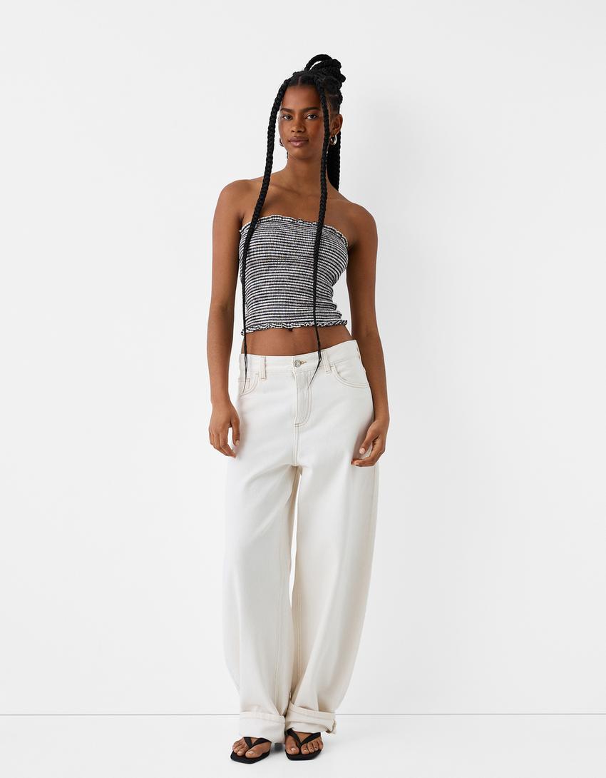 Top lin smocks à fil élastique-Blanc / Noir-3