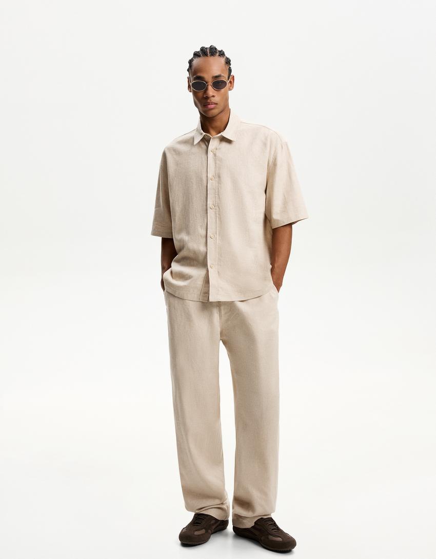 Linen blend wide-leg sweatpants-Sand