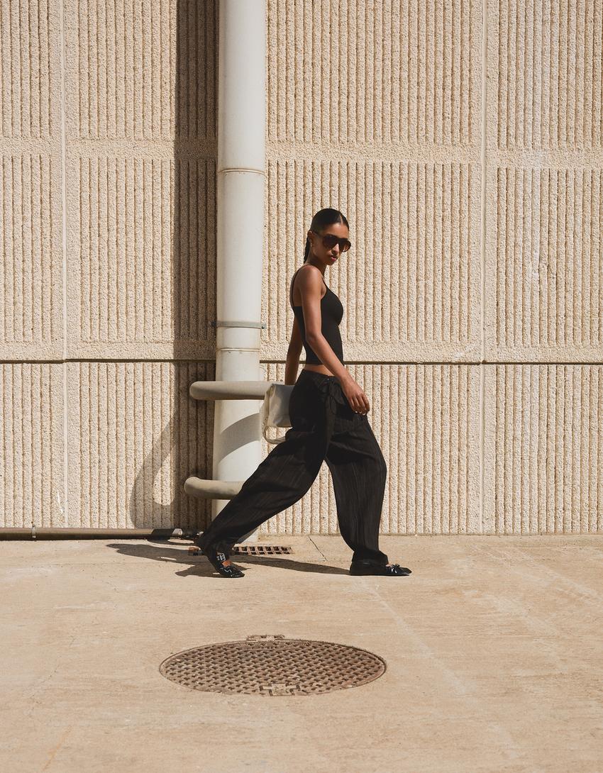 Pantalon structuré à taille retournée-Noir
