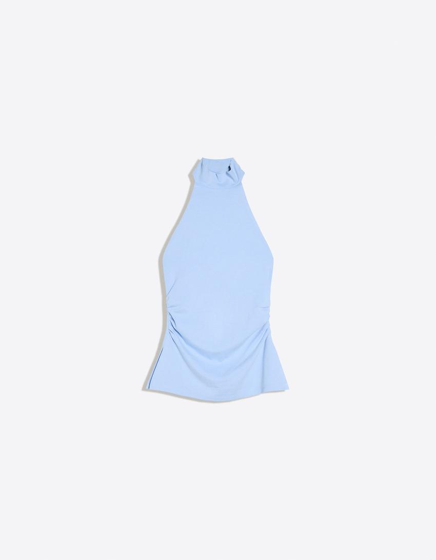 Top con collo halter arricciato-Azzurro Chiaro