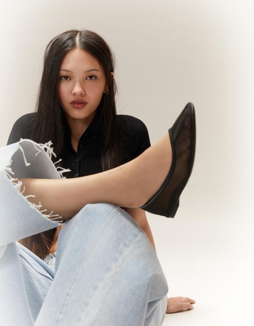 حذاء باليرينا مسطح من نسيج شبكي-أسود-1