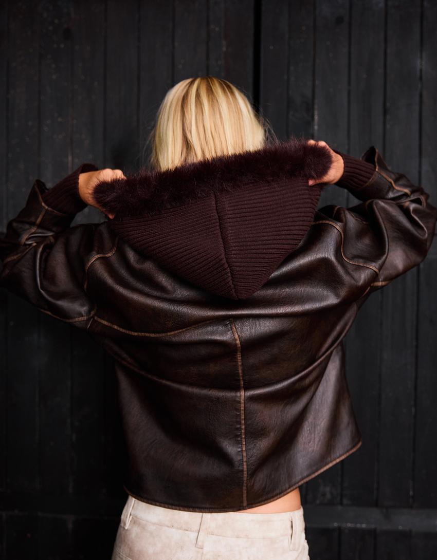 Veste en similicuir à revers-Marron
