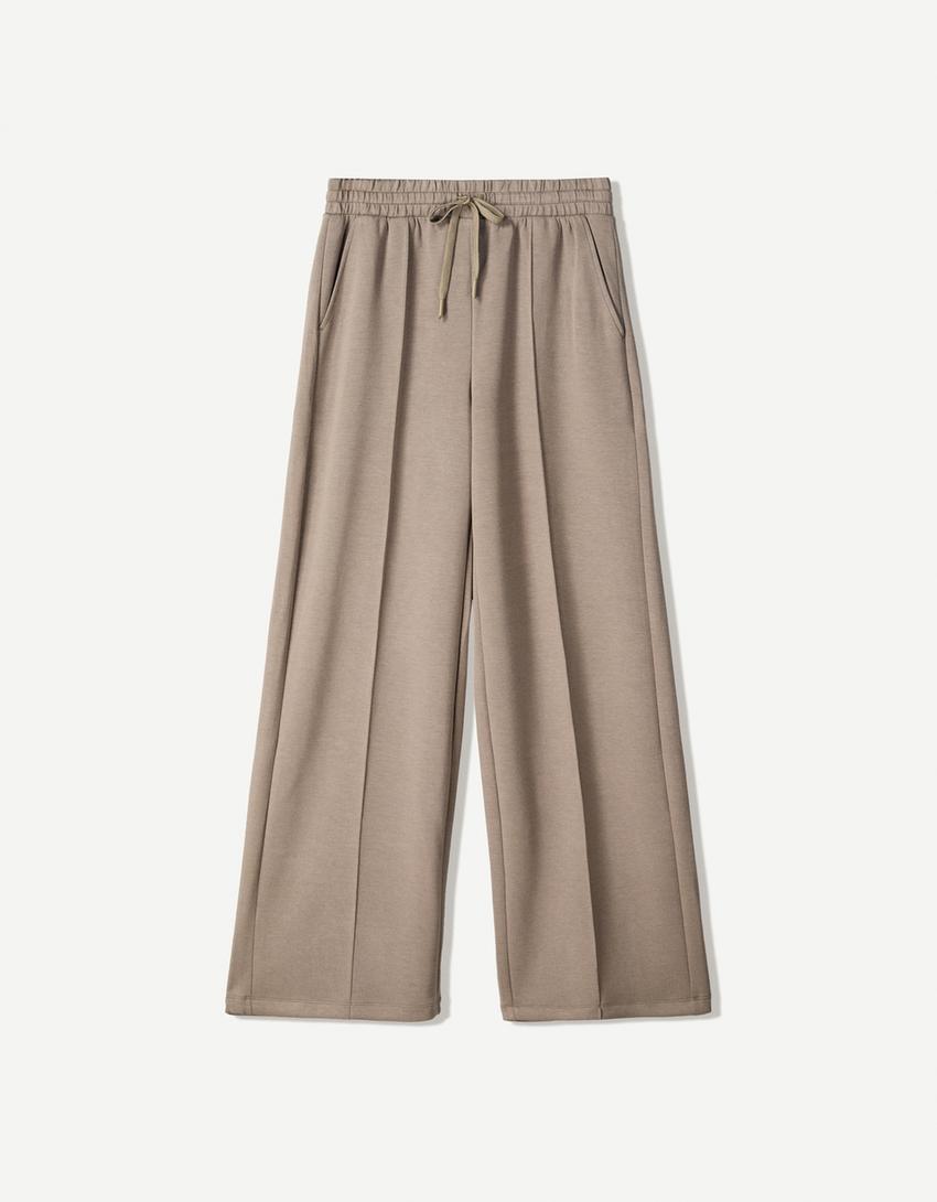 Soft touch wide-leg trousers-Sand