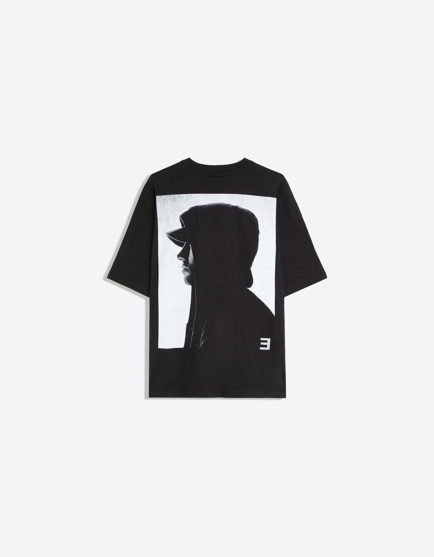 Oversize kısa kollu EMINEM baskılı tişört-Siyah