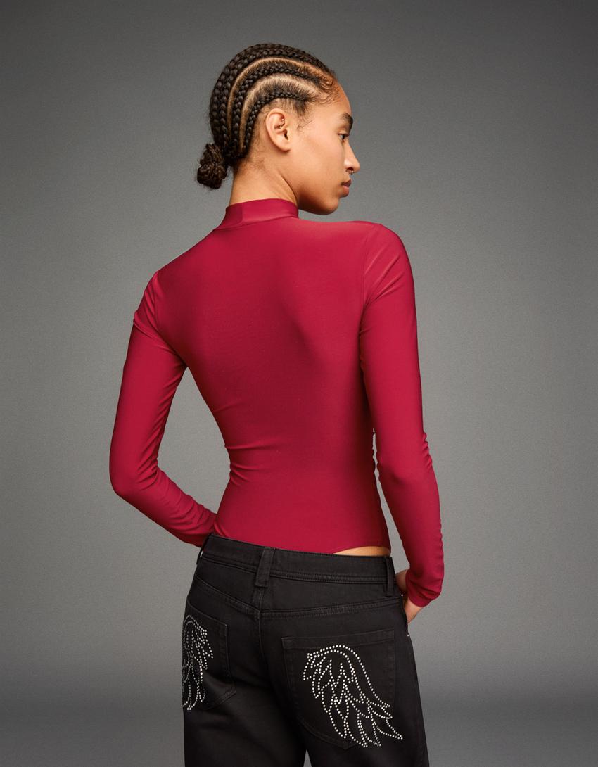 Long sleeve mock neck bodysuit-Red