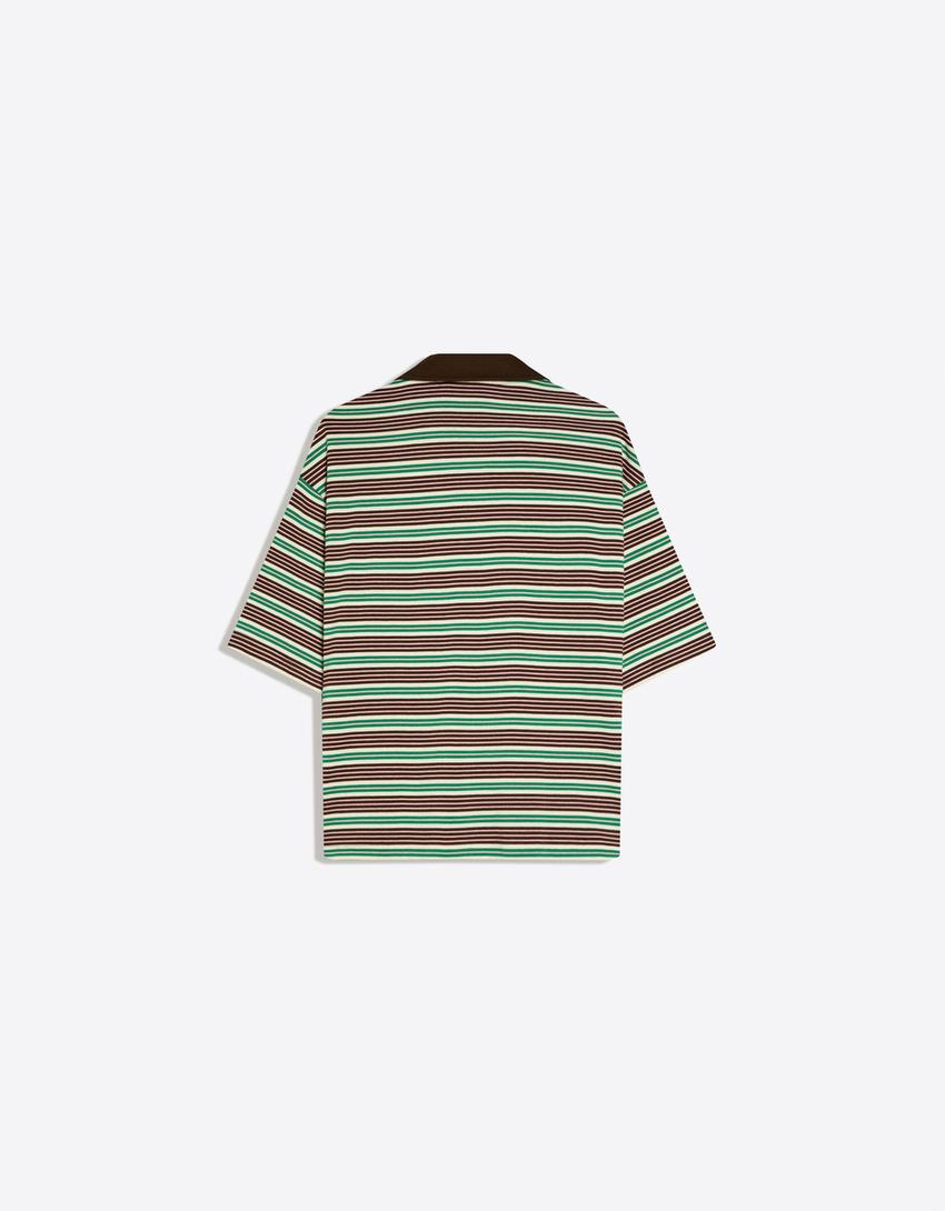 Embroidered stripe short sleeve polo shirt-Brown