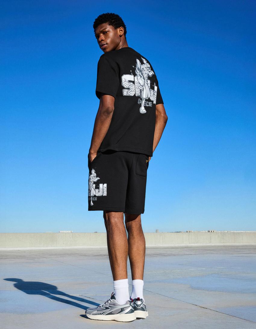 One Piece sweatshirt print Bermuda shorts-Black