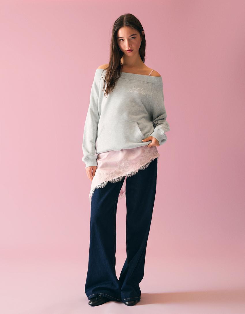 Camisola decote bardot strass-Cinza