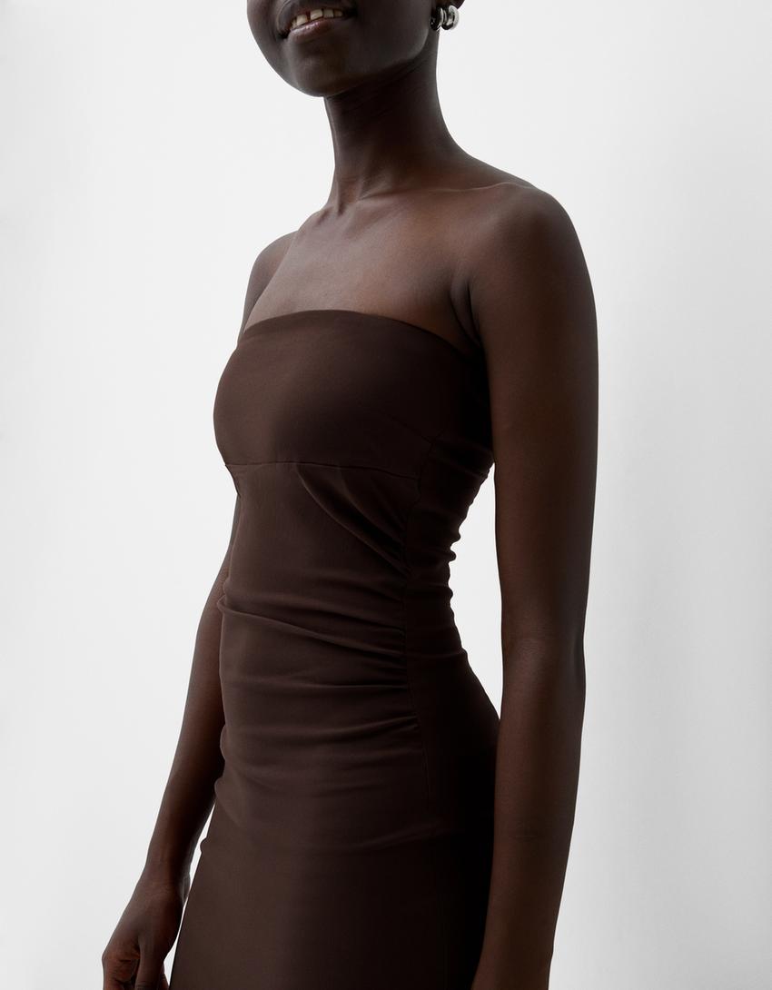 فستان متوسط الطول بدون حمالات-بني-3