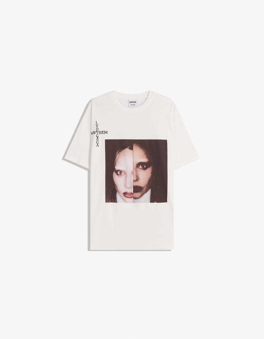 T-shirt Lady Gaga manches courtes imprimé-Blanc cassé