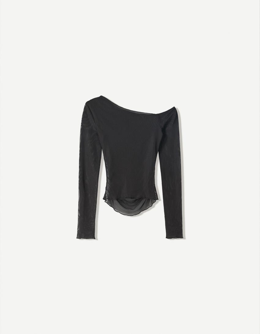 Long sleeve tulle T-shirt-Black-4