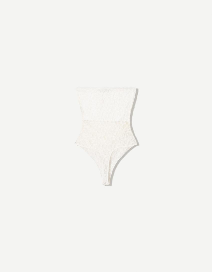 Bandeau bodysuit with blonde lace-Cream-4