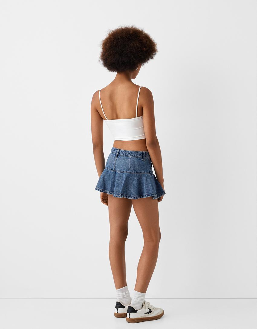 Jupe-culotte denim volants-Bleu lavé-2