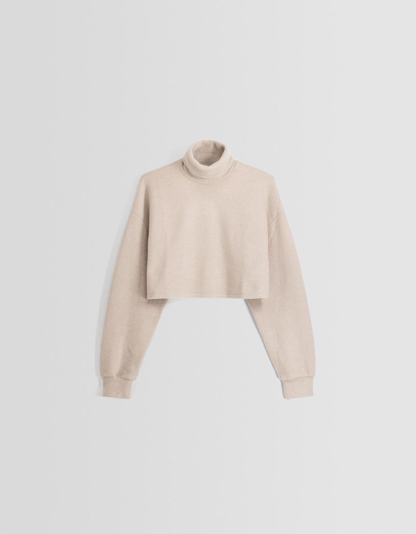 Cropped sweater with a high neck-Sand