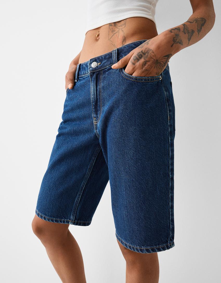 Straight-leg denim Bermuda shorts-Navy-2