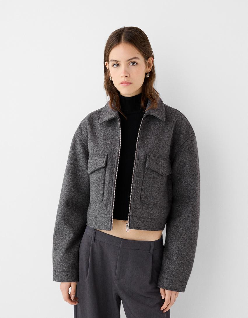 Blouson cropped soft-Gris foncé-0