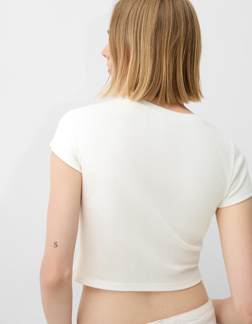 تيشرت ميتاليكا ضيق بأكمام قصيرة-أبيض مطفي-2