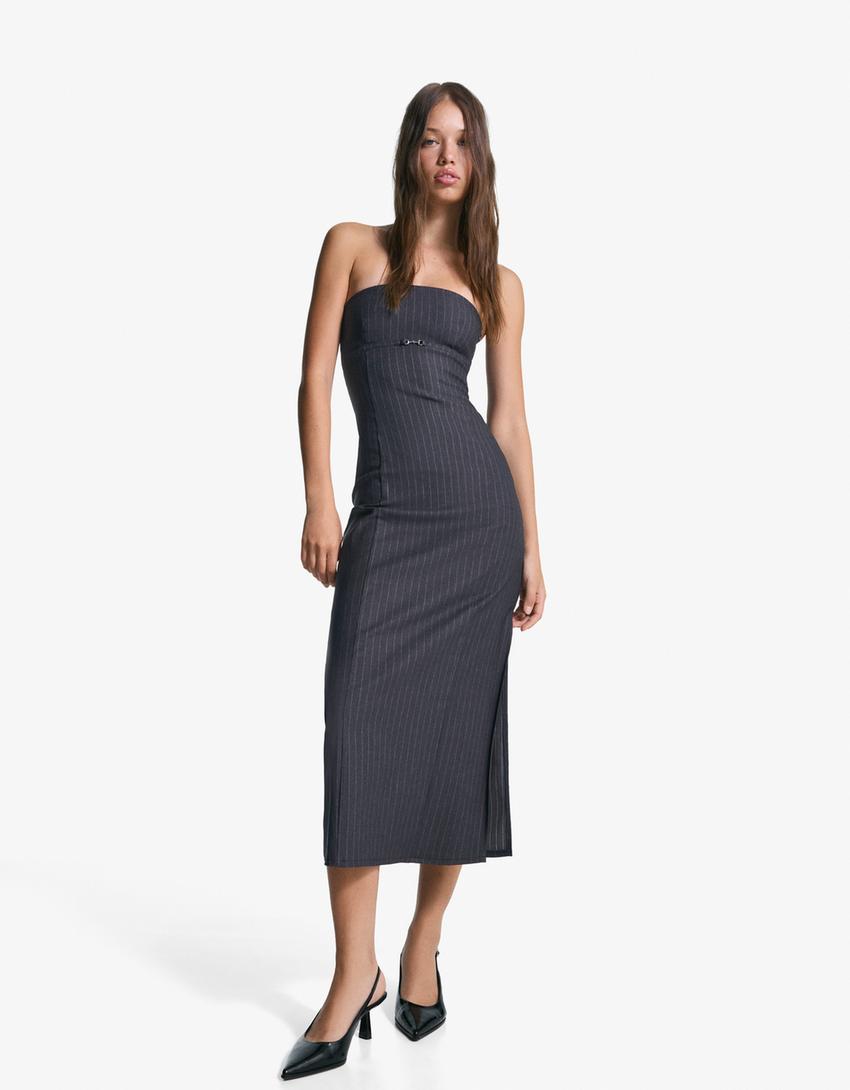 Bandeau midi dress with belt-Dark blue