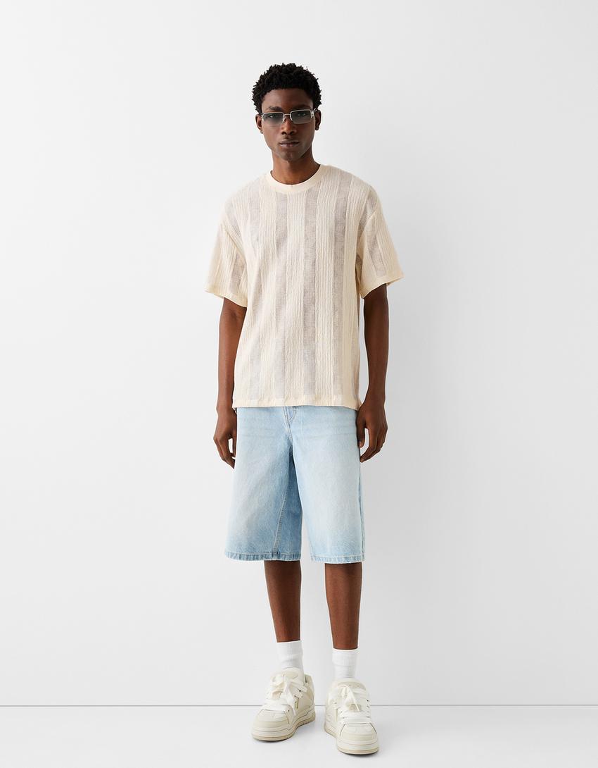 T-shirt manches courtes boxy fit jacquard-Blanc-3