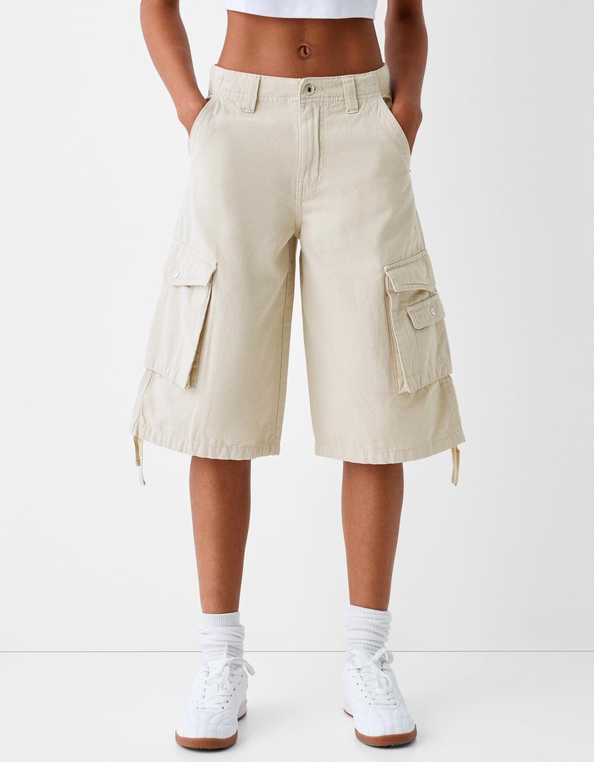 Pamuklu kargo baggy bermuda şort-Krem-1
