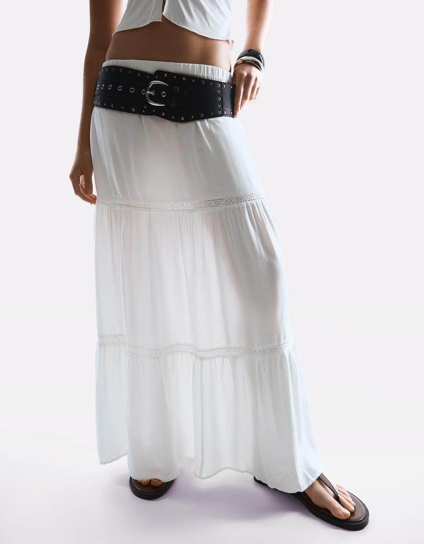 Midi skirt with lace trim-White