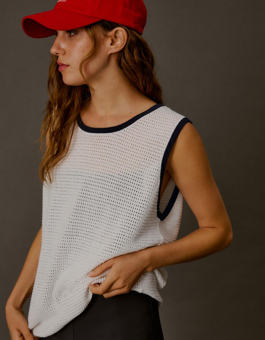 Mouwloze top van mesh met contrastdetail-Gebroken Wit