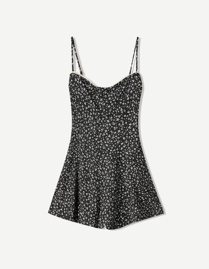 Combishort bretelles dentelle imprimé-Noir-4
