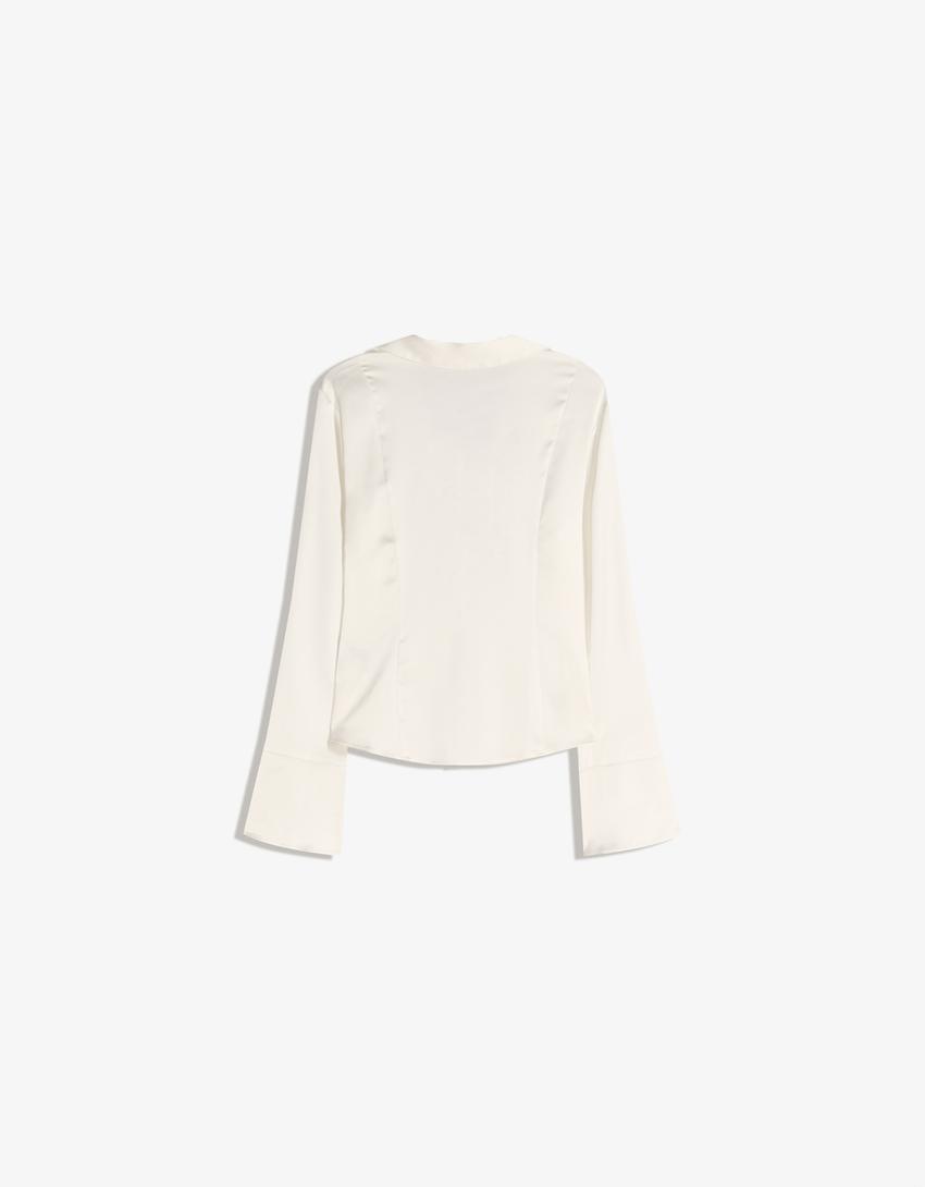 Lace-up satin shirt-Cream