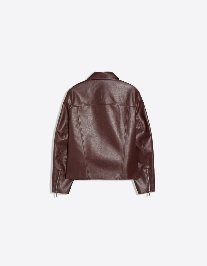 Faux leather boxy jacket-Burgundy