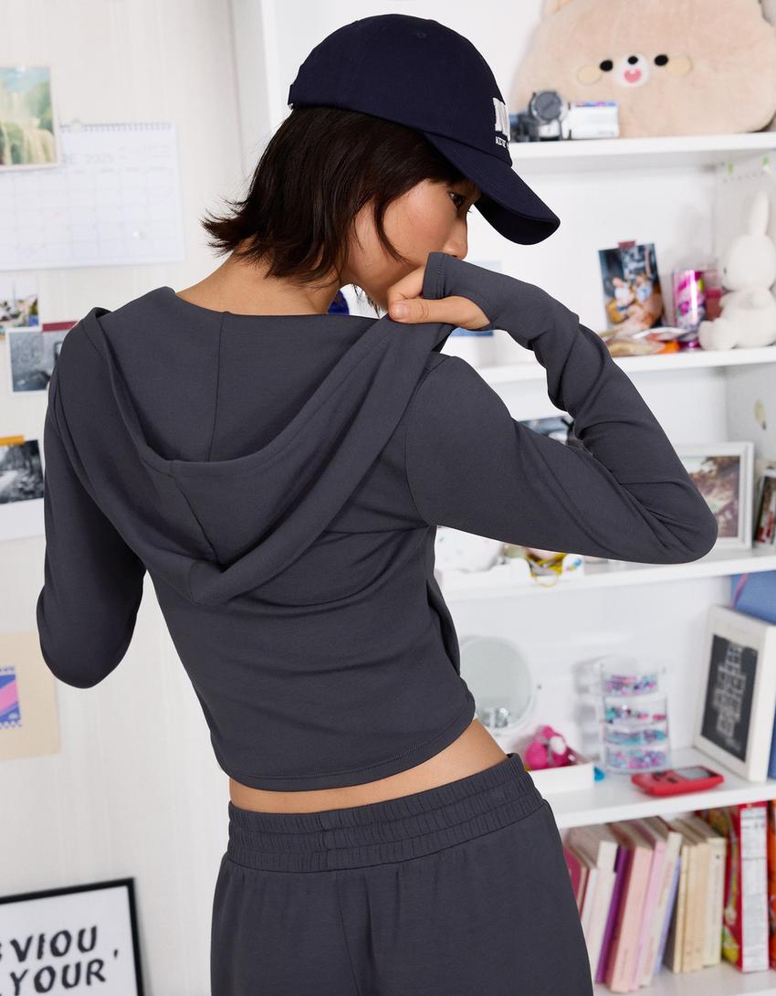 Sweatshirt macia com fecho de correr e capuz modal-Cinza