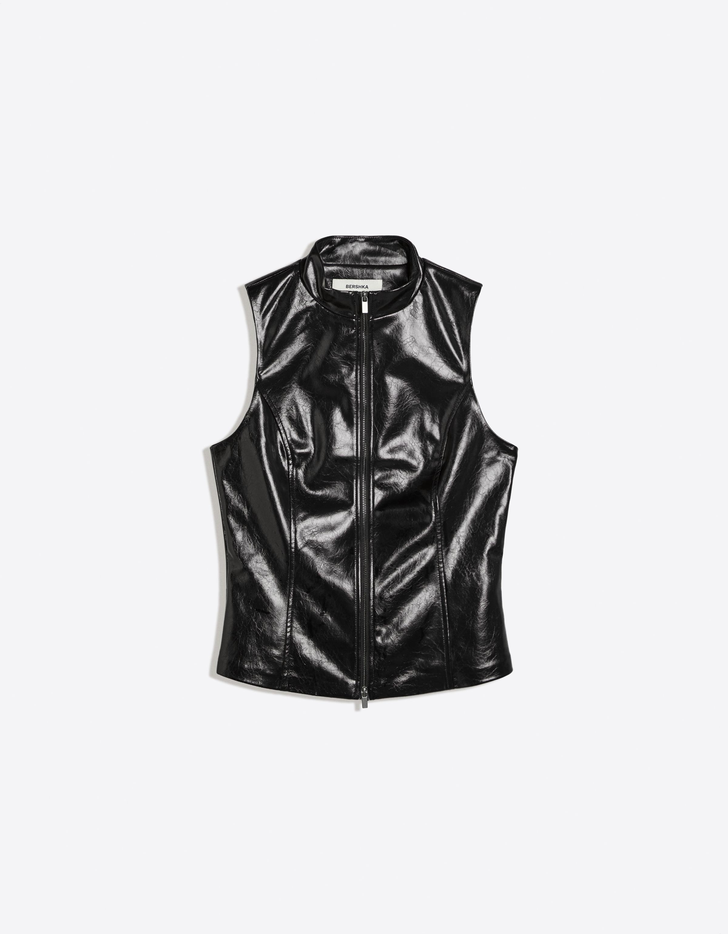Leather-effect sleeveless high-neck top — Black