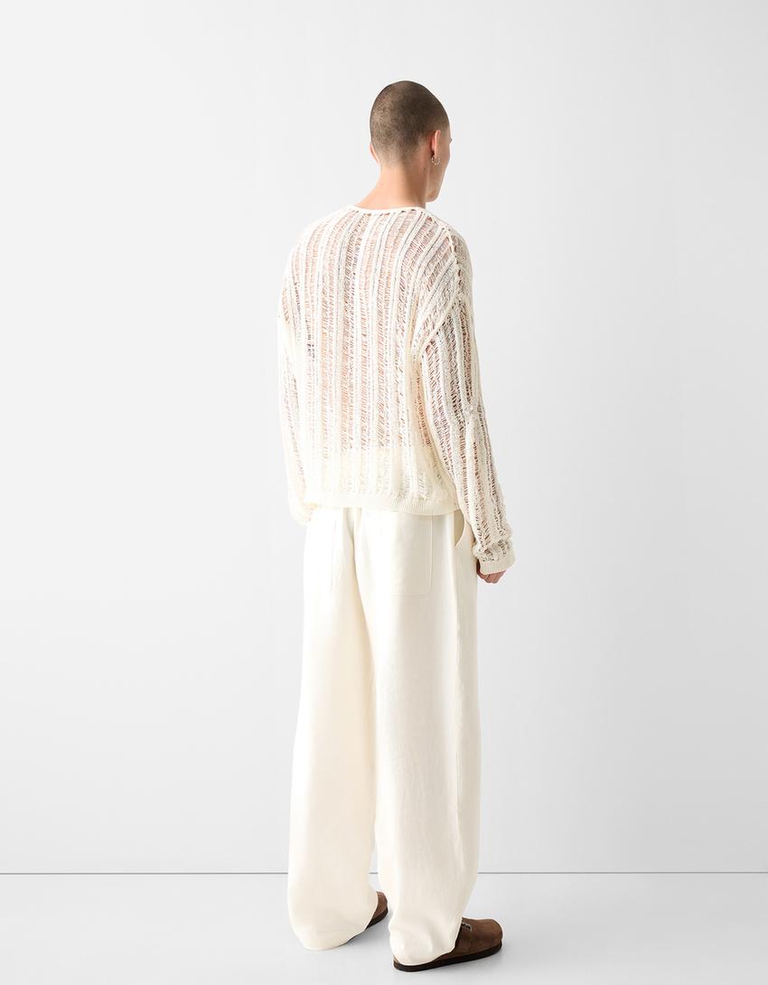 Pull manches longues cropped ajours-Blanc cassé-1