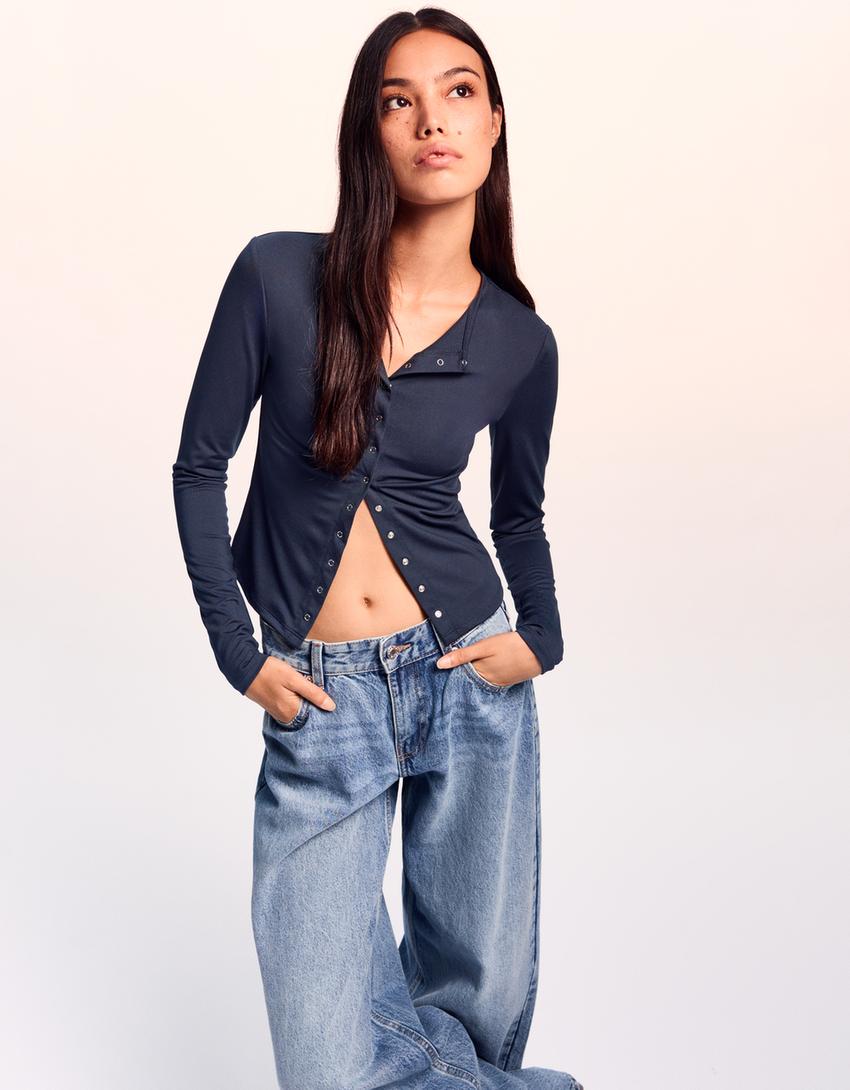 T-shirt met lange mouwen en knopen-Marineblau