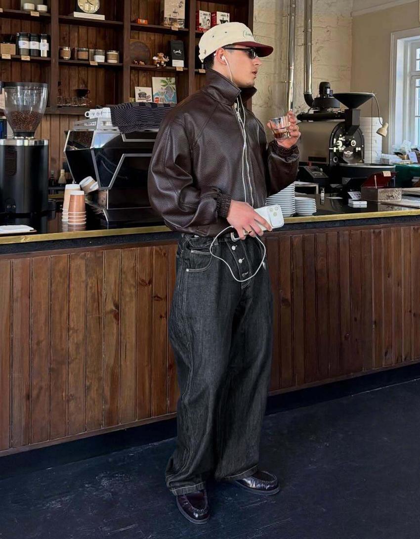 Cross-button barrel jeans-Navy