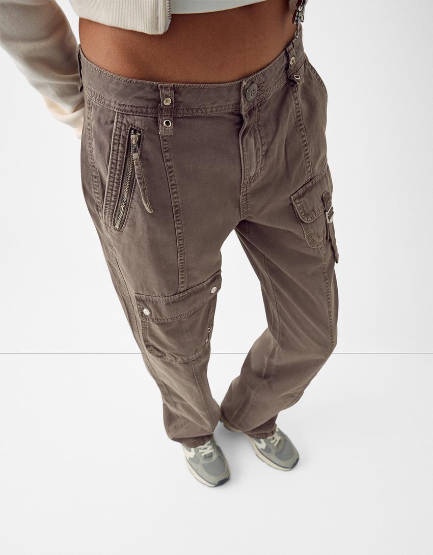 Kayış detaylı low waist pamuklu kargo pantolon-Kum rengi-3