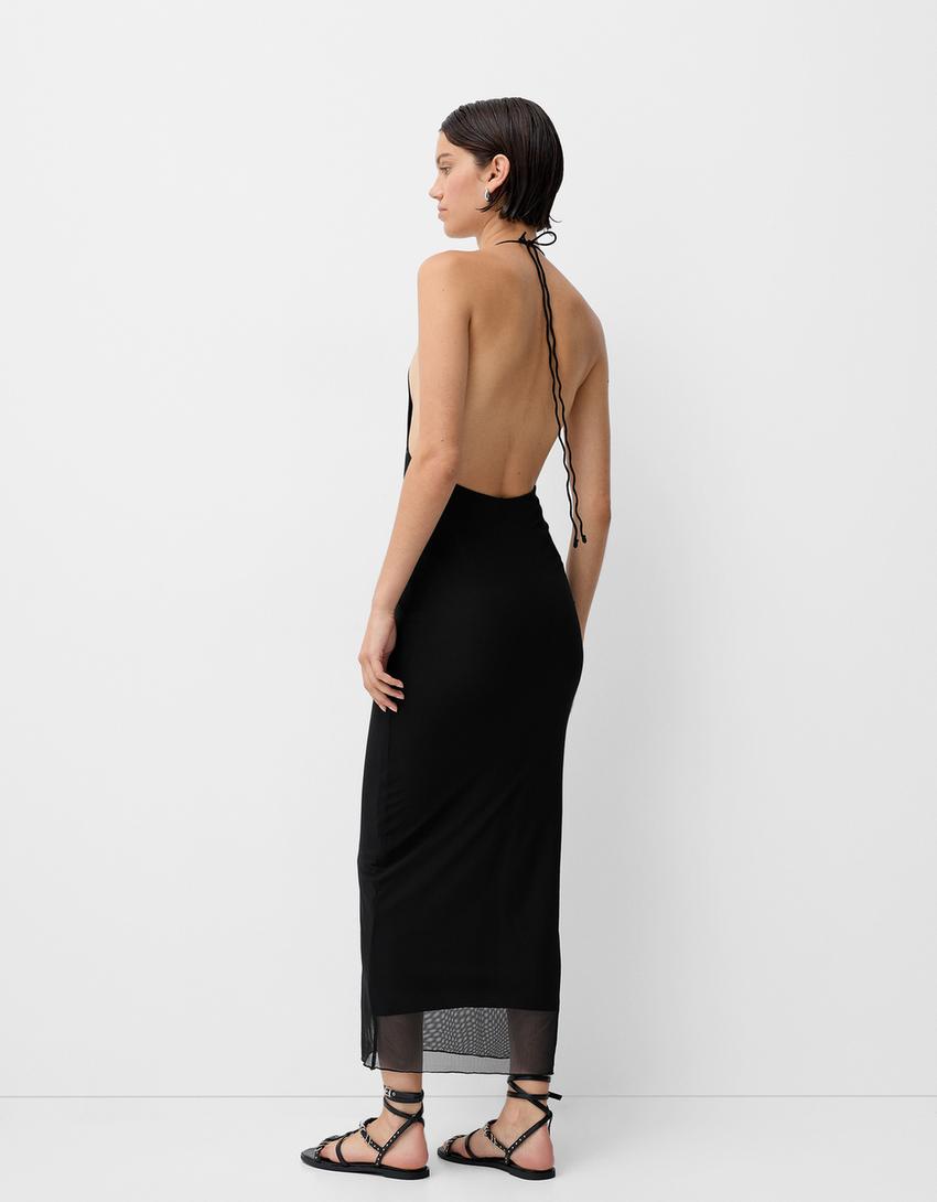 Vestido comprido com alças de tule-Preto-2