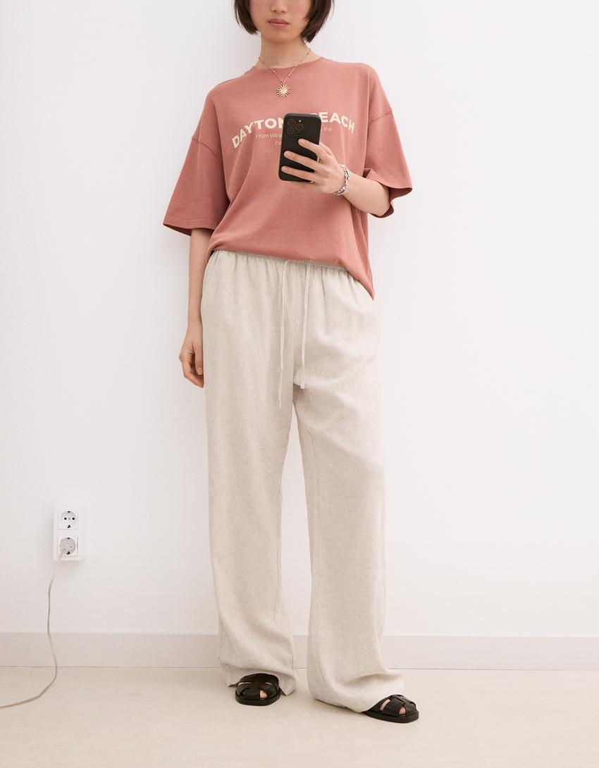 Linen blend trousers with an elasticated waistband-Cream