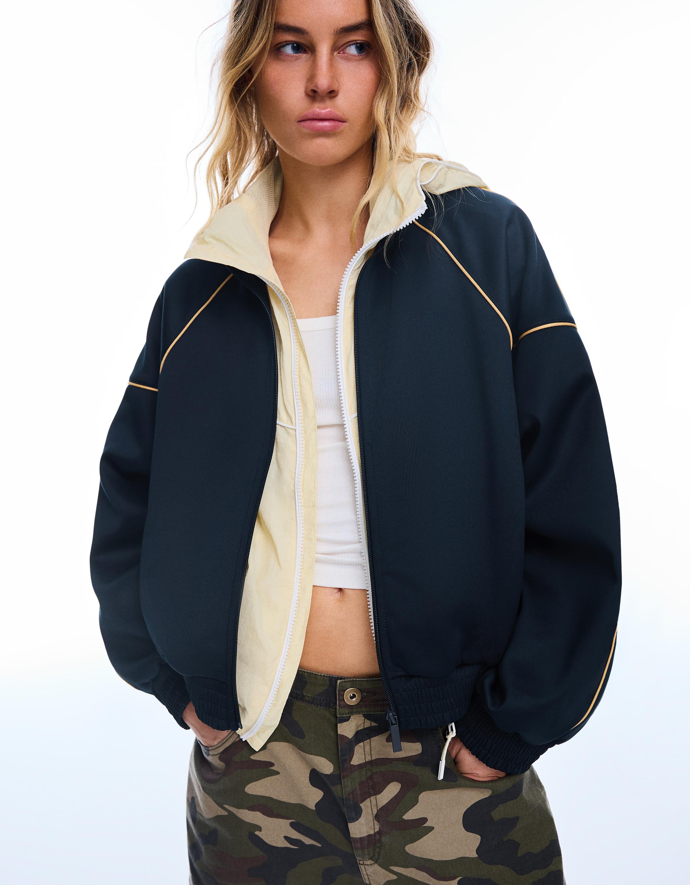 Bershka Chaqueta Cuello Perkins Contraste Mujer Marino