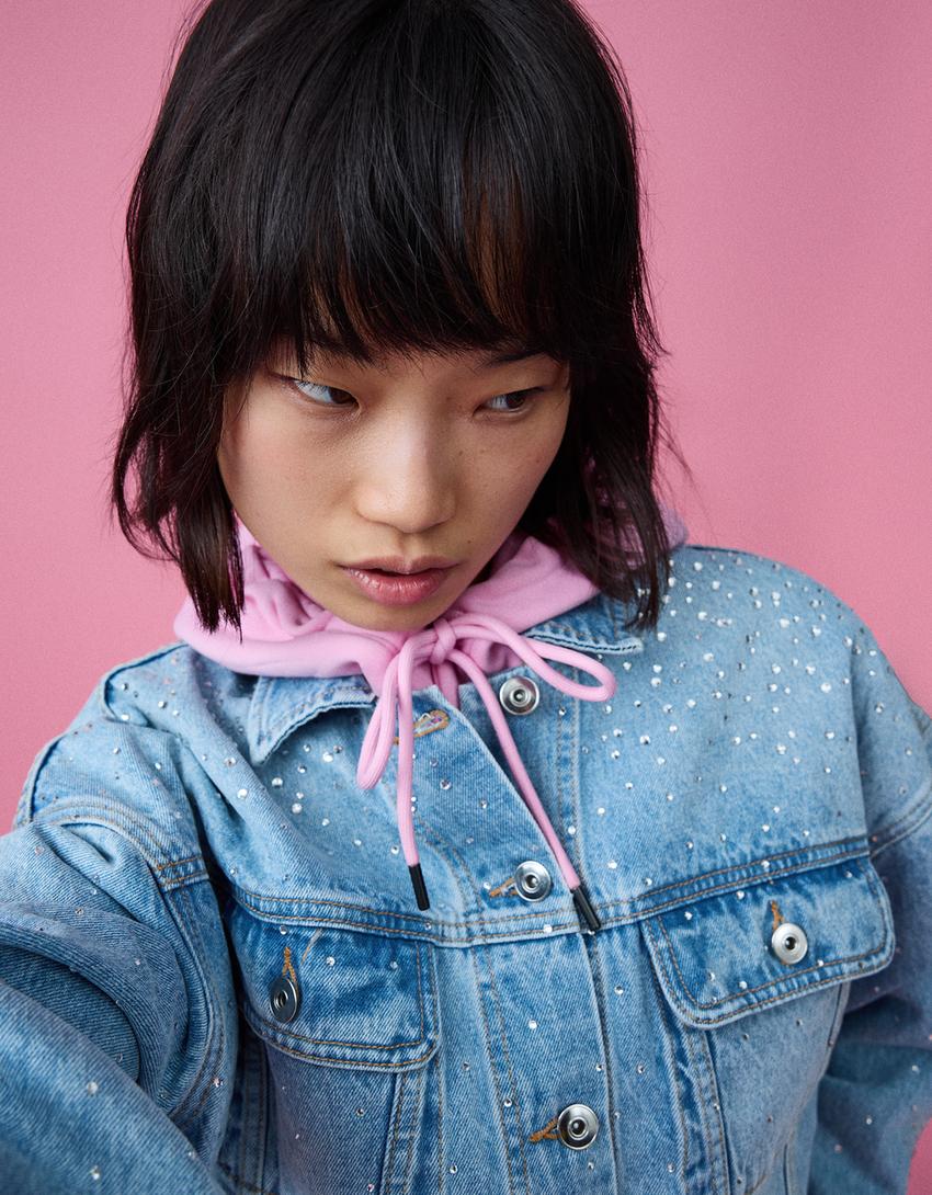 Cropped denim rhinestone jacket-Light blue