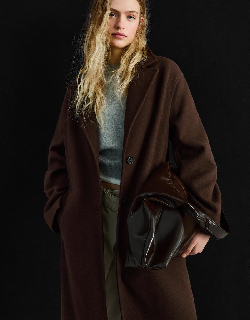 Yumuşak dokulu uzun palto-Kahverengi