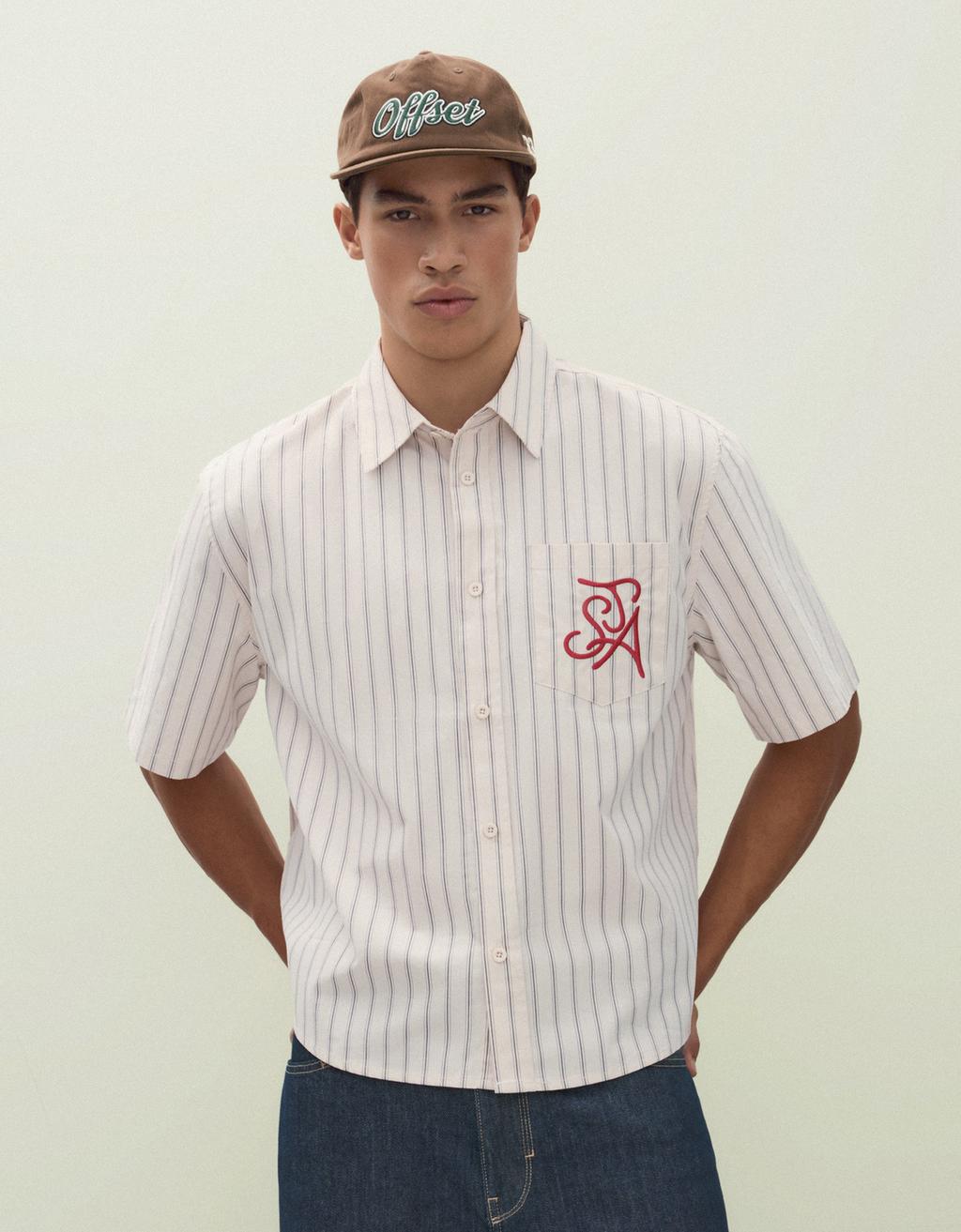 Boxy short sleeve striped embroidered shirt