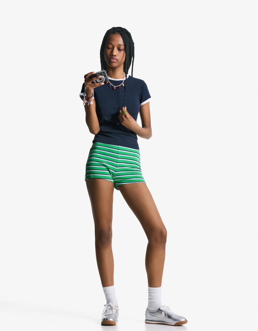 Striped rustic shorts-Green-2