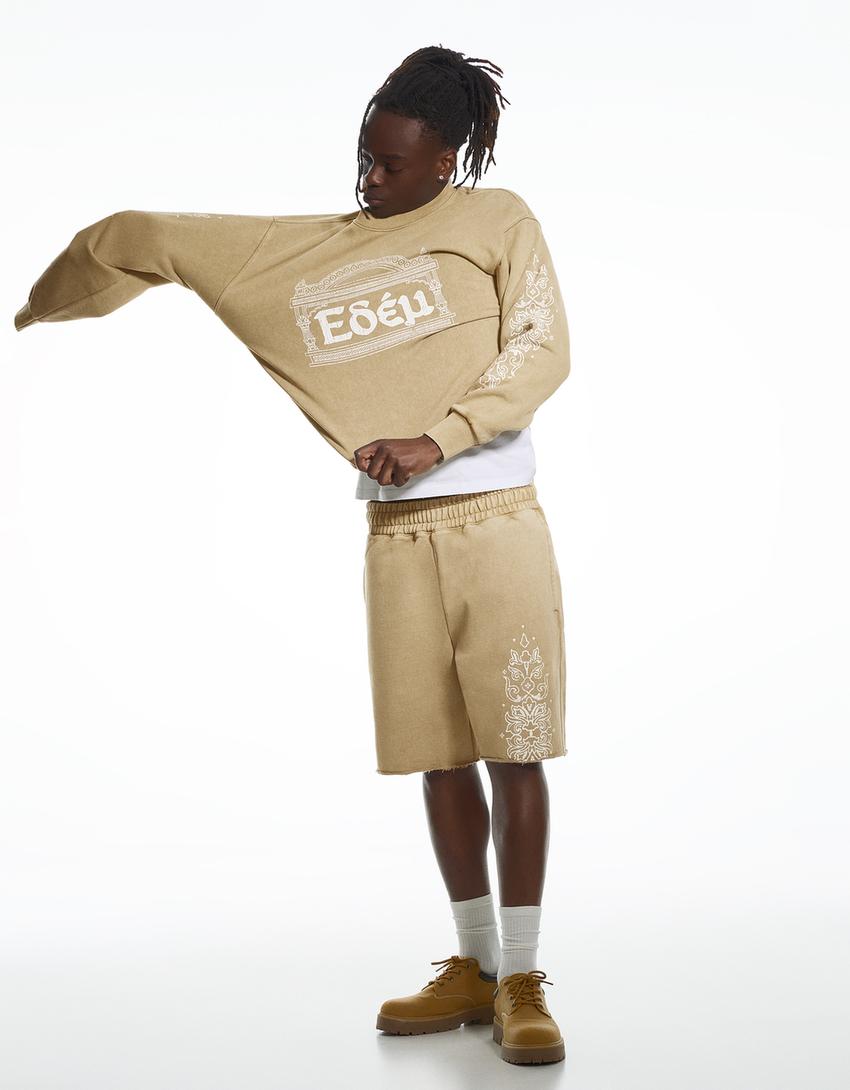 ARIES X BERSHKA Yıkanmış Görünümlü Sweatshirt-Deve tüyü rengi