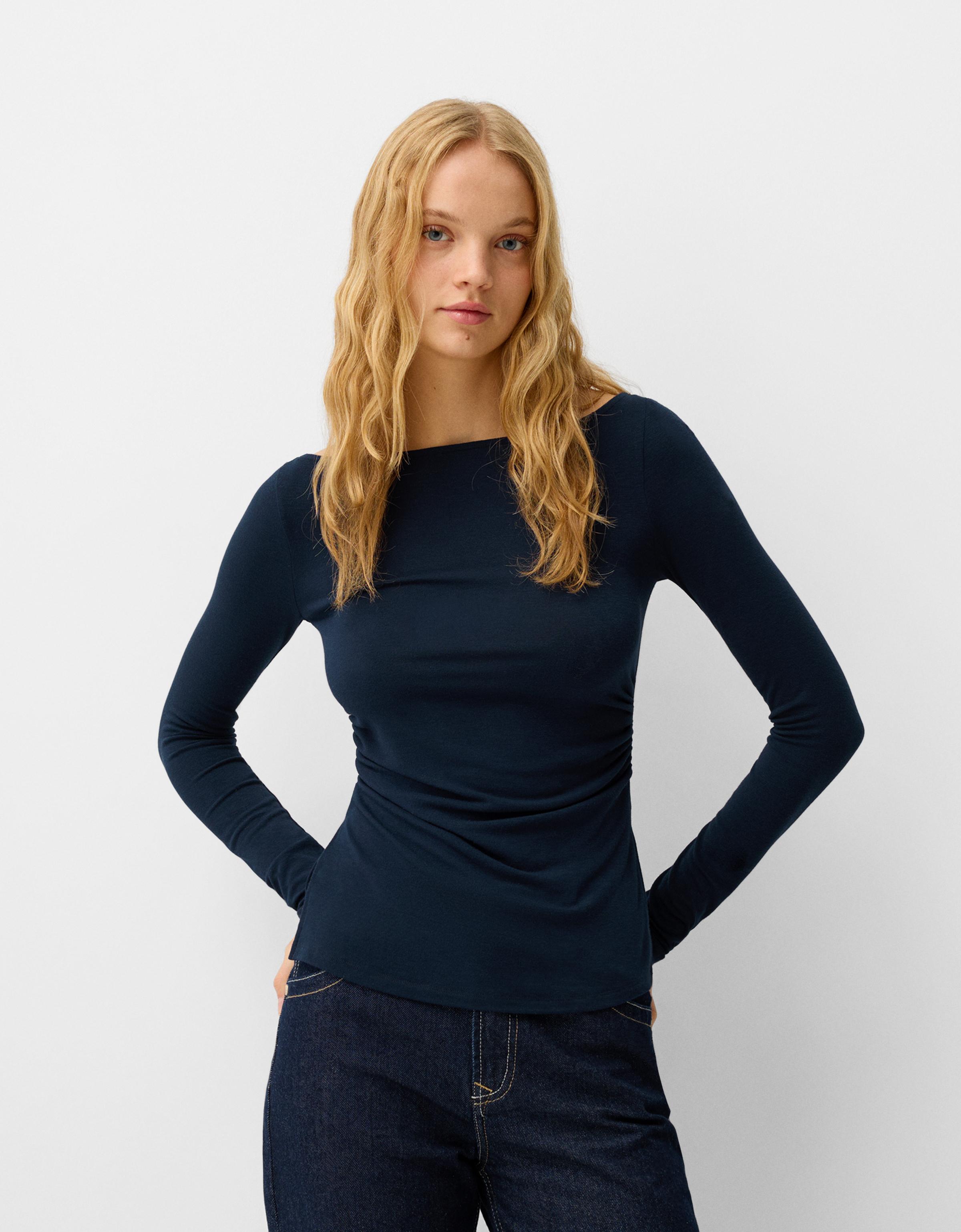 Bershka Langarmshirt Mit Raffung Damen L Marinenblau