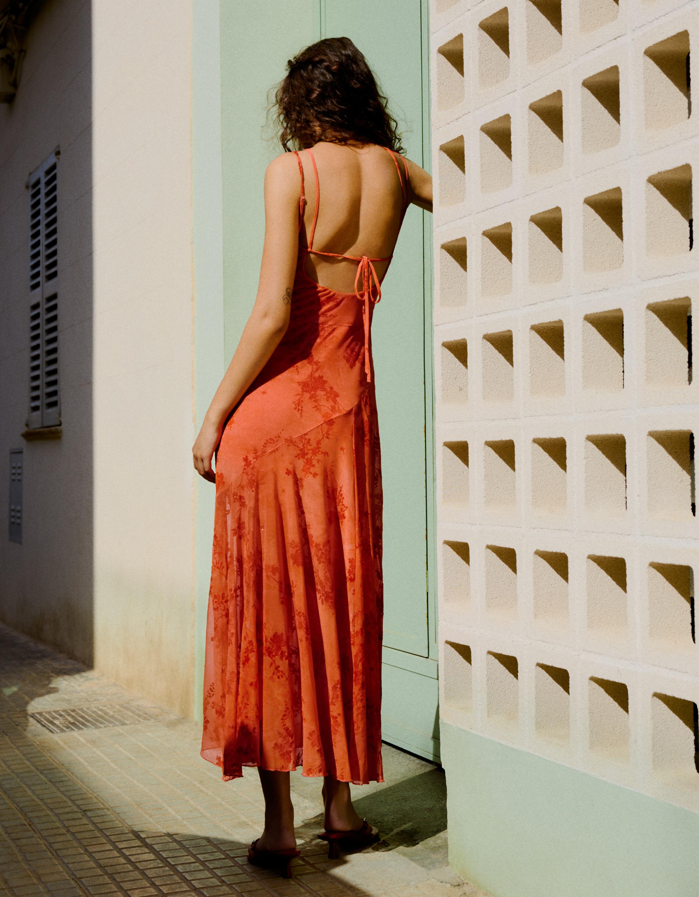 Midi dress with flocked tulle straps — Orange