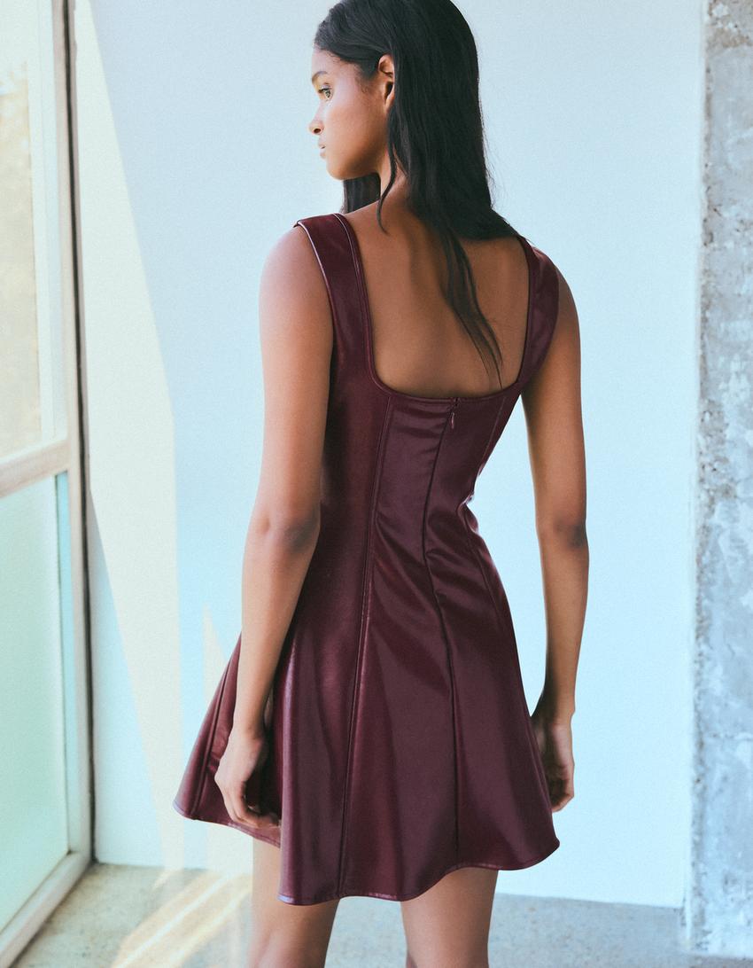 Faux leather sweetheart neckline strappy mini dress-Red