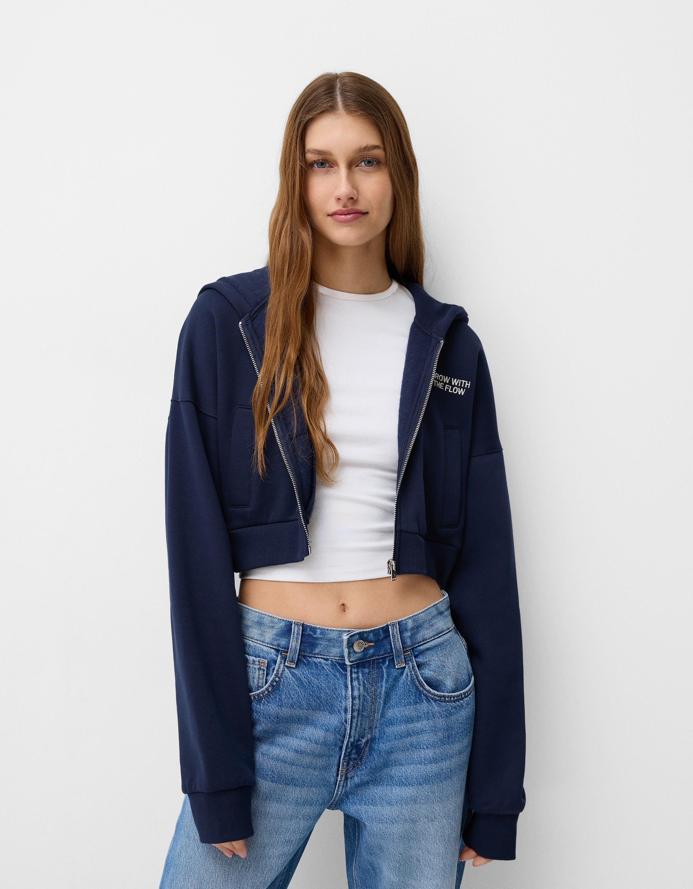 Bershka Cropped-Hoodie Mit Reißverschluss Damen S Marinenblau